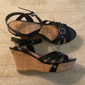 Guess Black Strappy Cork Wedges